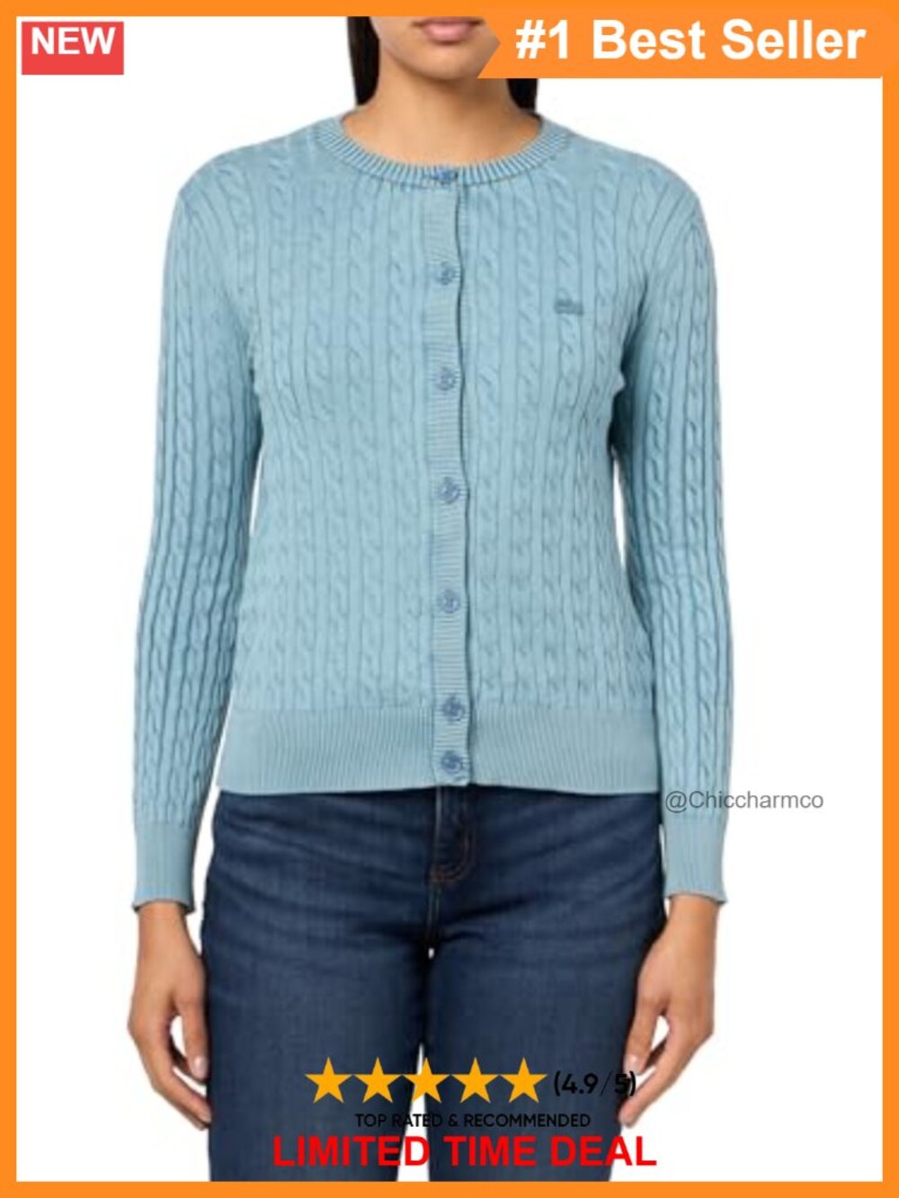 Lacoste Women's Cable Knit Cardigan Sweater, Long Sleeve Pullover, Regular Fit,